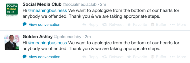 12 hours after the original contact, Social Media Club have apologised and removed the original post by Audrey Rochas